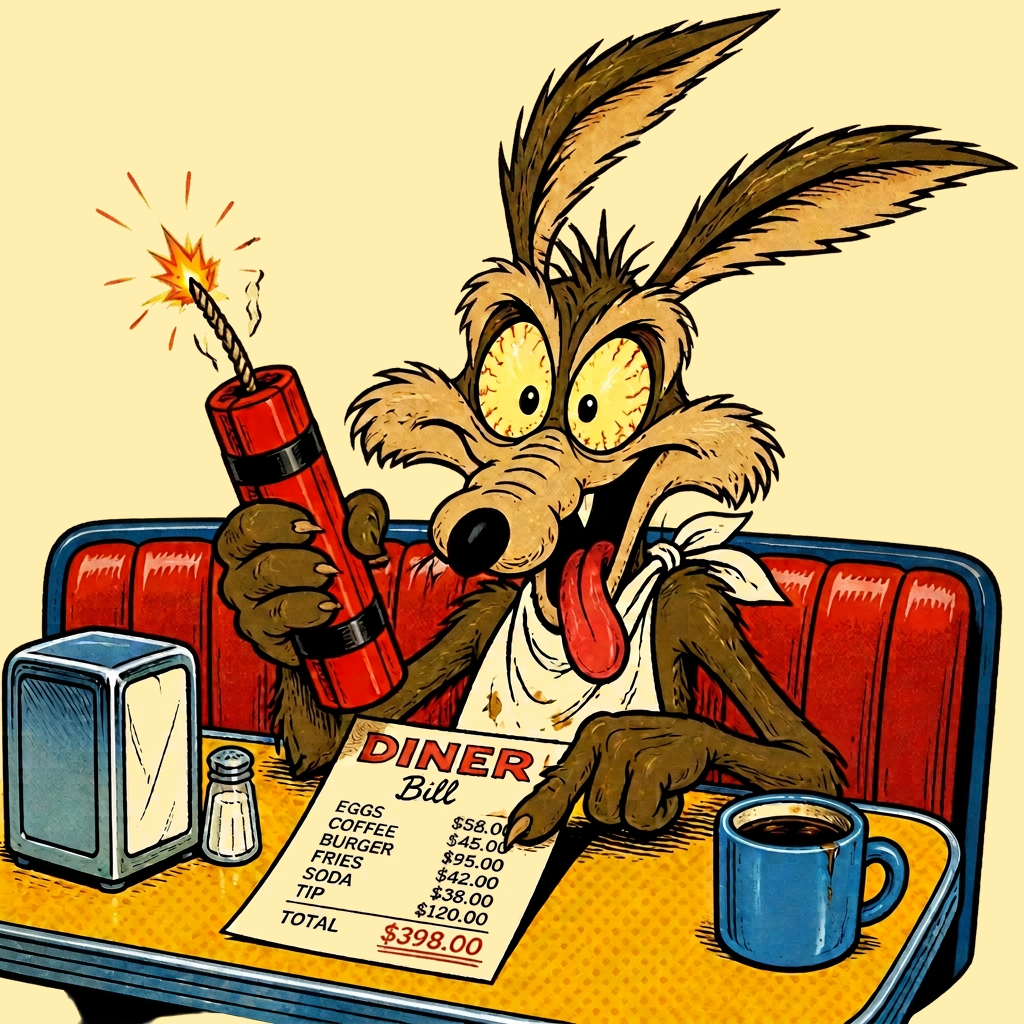 Cartoon coyote holding lit dynamite over an outrageous diner bill